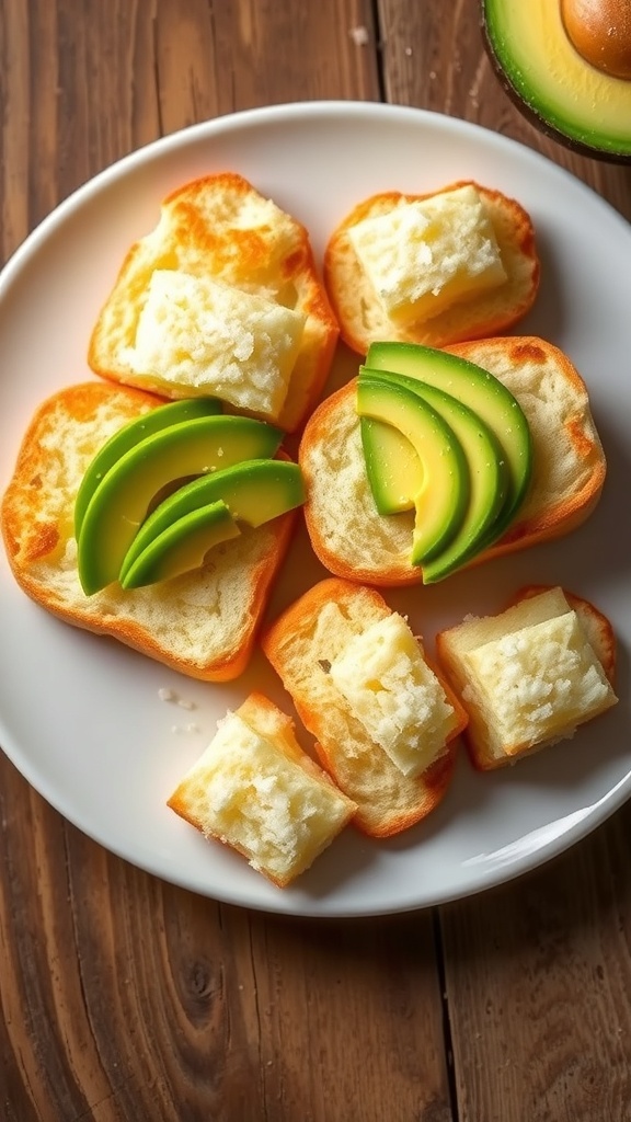Fluffy cloud bread pieces on a plate, some topped with avocado, on a rustic wooden table.